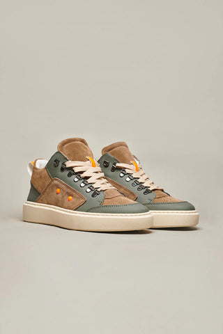 High suede sneakers with military green insert and fluorescent orange studs