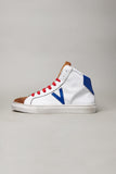 White high-top sneakers with Blue and Red back and insert