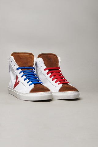 White high-top sneakers with Blue and Red back and insert
